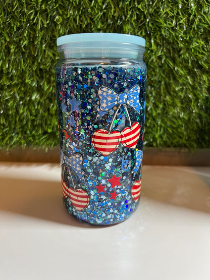 Glitter 16oz snow globe tumbler- RWB Cherries