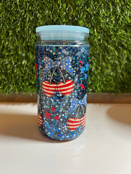 Glitter 16oz snow globe tumbler- RWB Cherries