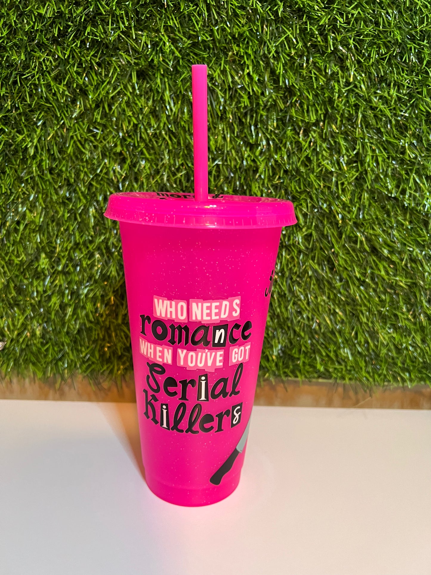 24oz Hot Pink glitter tumbler Who needs romance