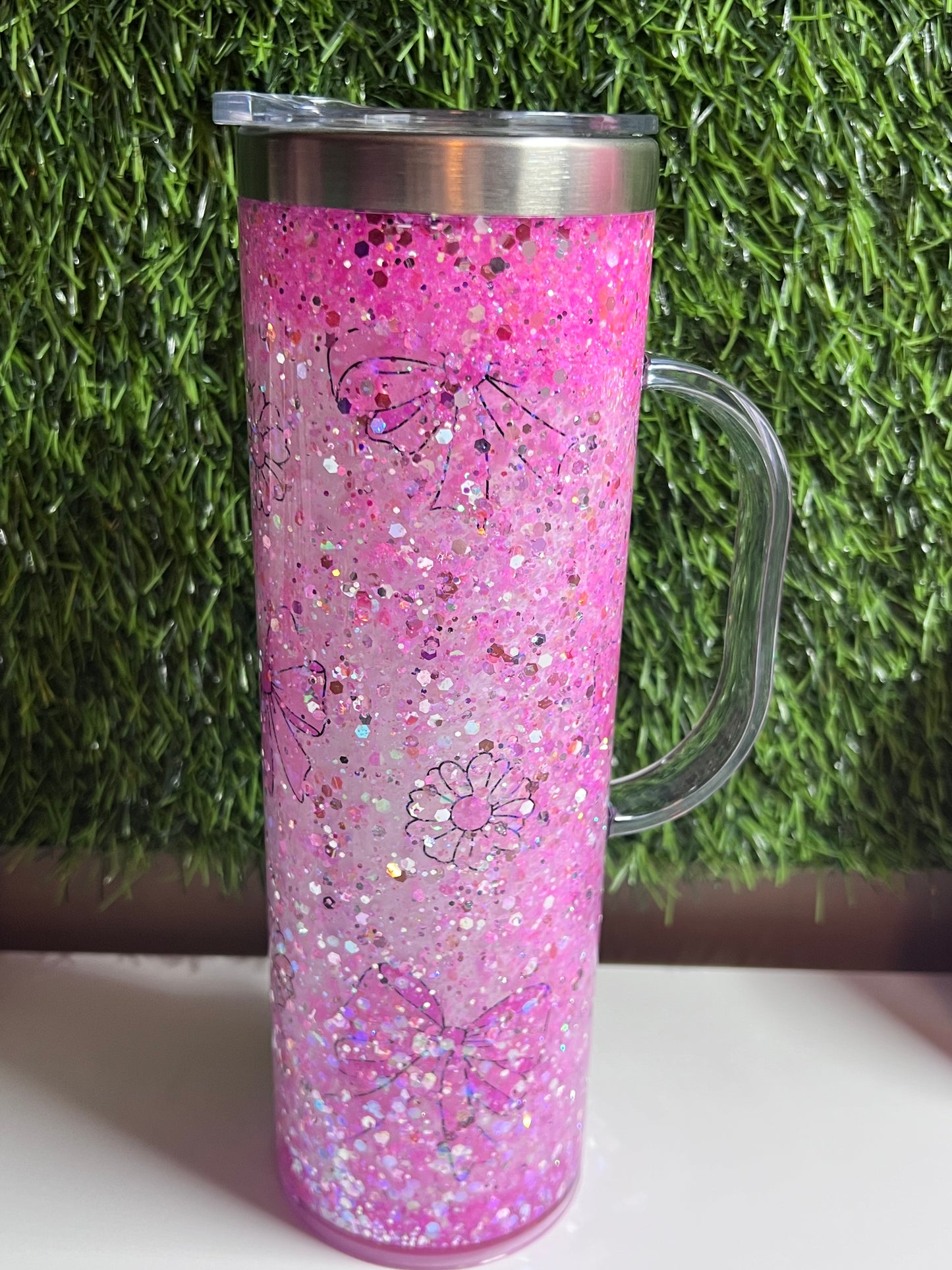 SS Skinny 20oz snow globe tumbler with handle - Pink Bows