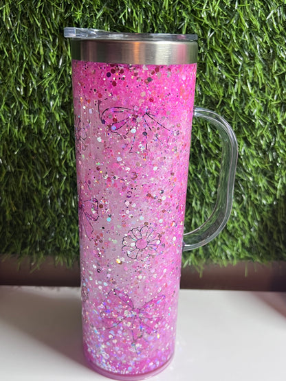 SS Skinny 20oz snow globe tumbler with handle - Pink Bows