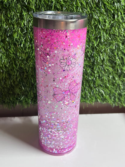 SS Skinny 20oz snow globe tumbler with handle - Pink Bows