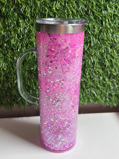 SS Skinny 20oz snow globe tumbler with handle - Pink Bows