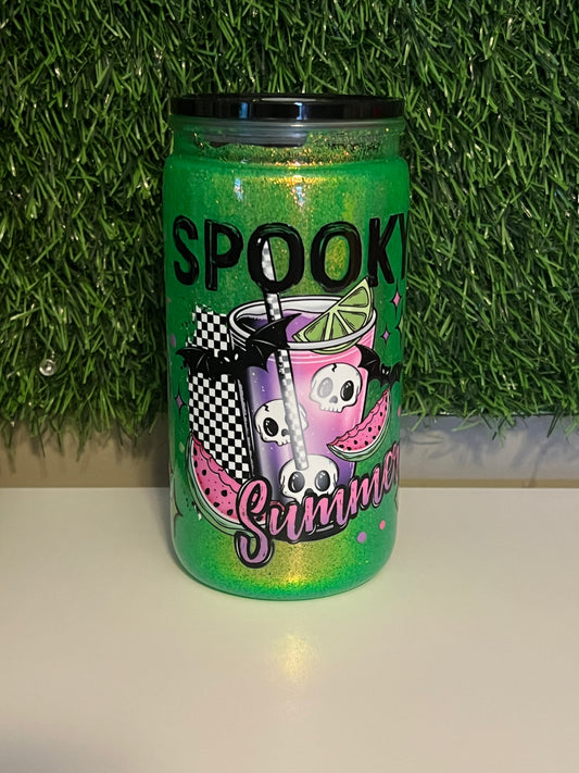 Glitter 16oz Acrylic snow globe tumbler Spooky summer