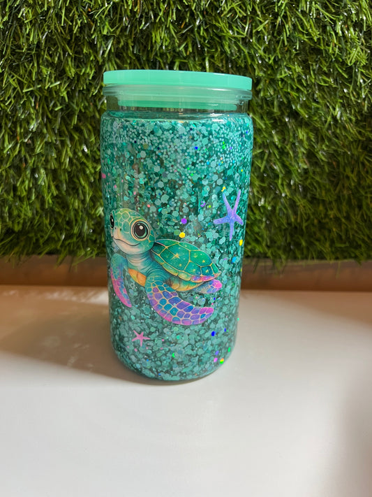 Glitter 16oz snow globe tumbler- Turtle