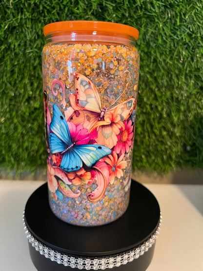 Glitter 16oz snow globe tumbler Butterfly