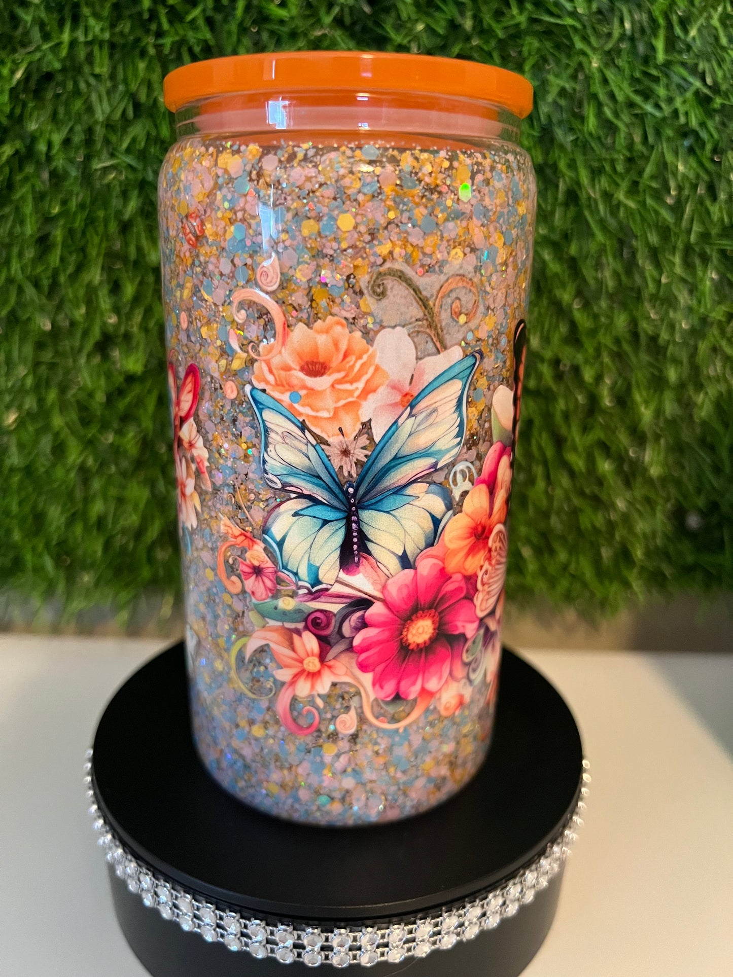 Glitter 16oz snow globe tumbler Butterfly