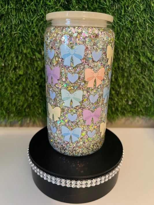 Glitter 16oz snow globe tumbler Pastel Bows