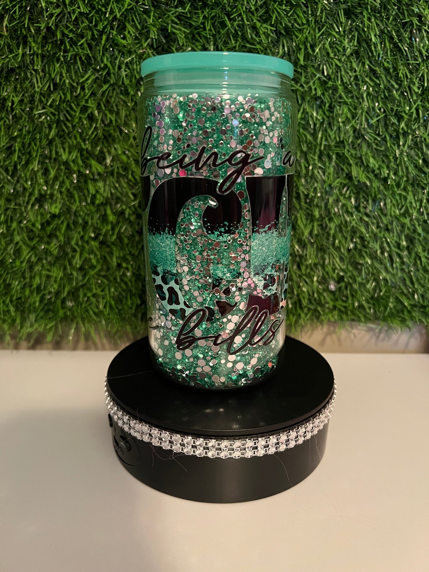 Diamond green 16oz snow globe tumbler B*tch