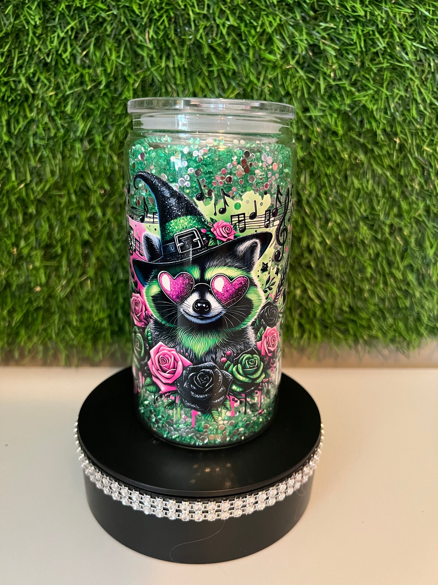 Diamond green 16oz snow globe tumbler Raccoon