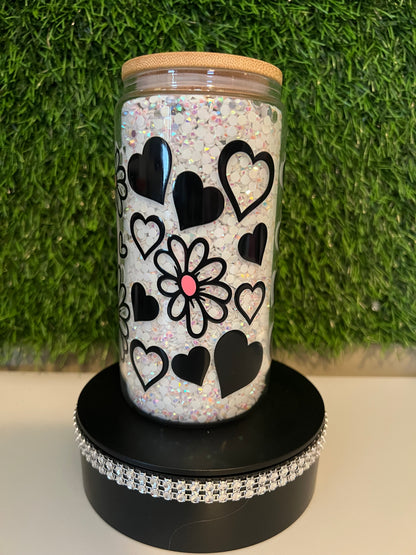 Diamond white 16oz snow globe tumbler Hearts