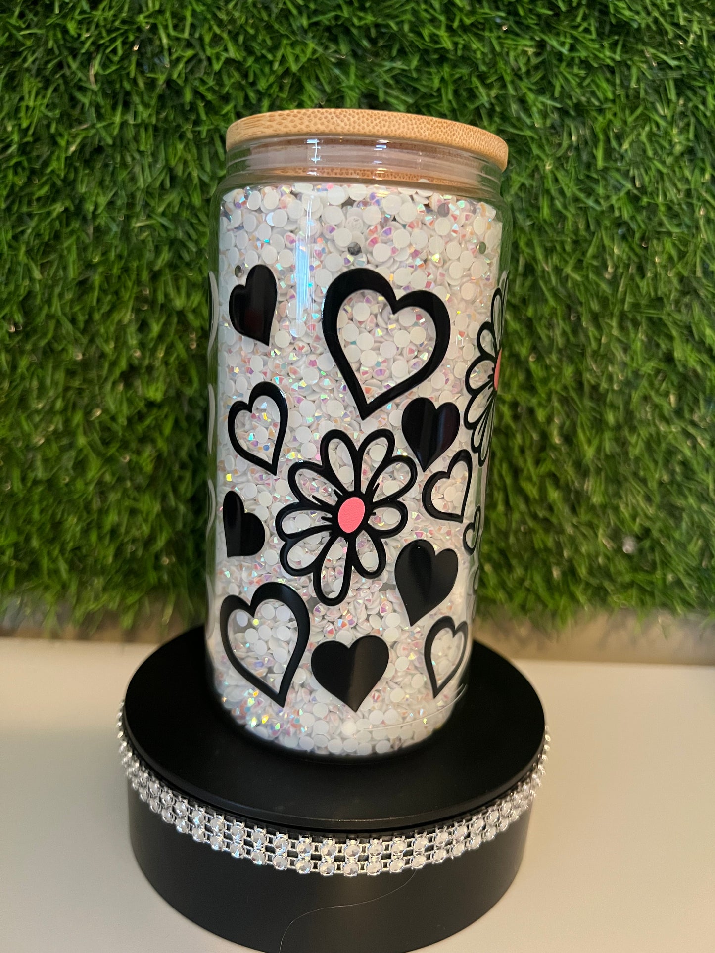 Diamond white 16oz snow globe tumbler Hearts