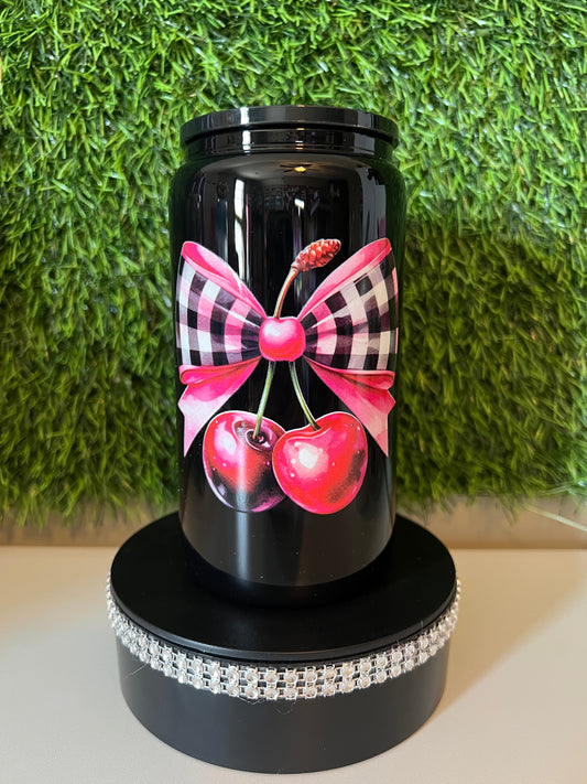 Solid black 16oz cup- Pink checkered cherries