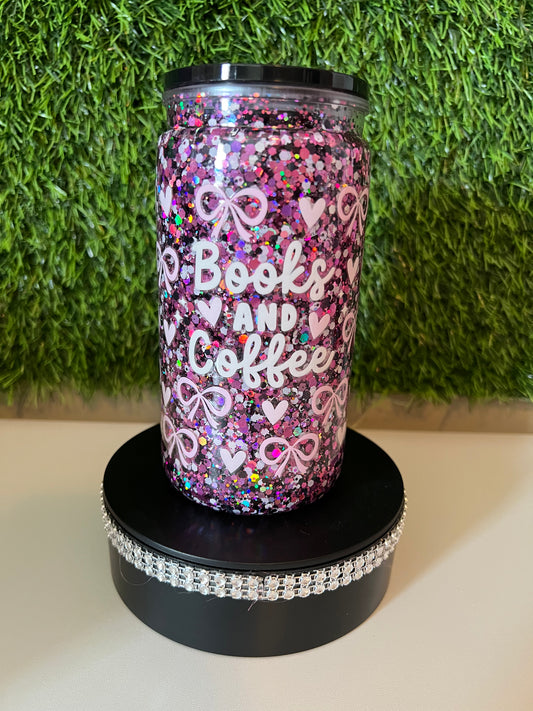 Glitter 16oz Acrylic snow globe tumbler Books & coffee