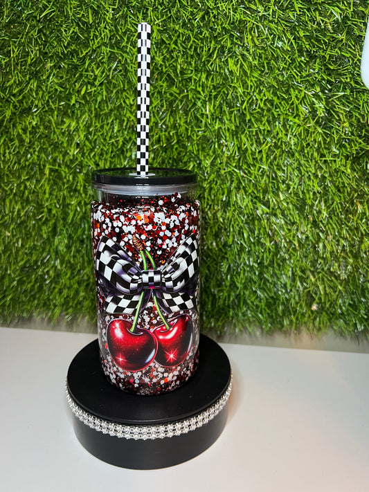 Glitter 16oz Acrylic snow globe tumbler Checkered cherries
