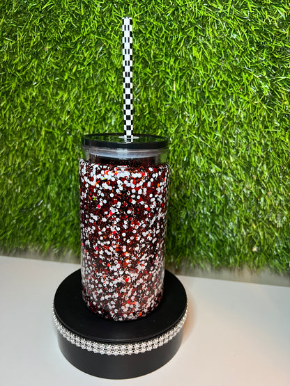Glitter 16oz Acrylic snow globe tumbler Checkered cherries