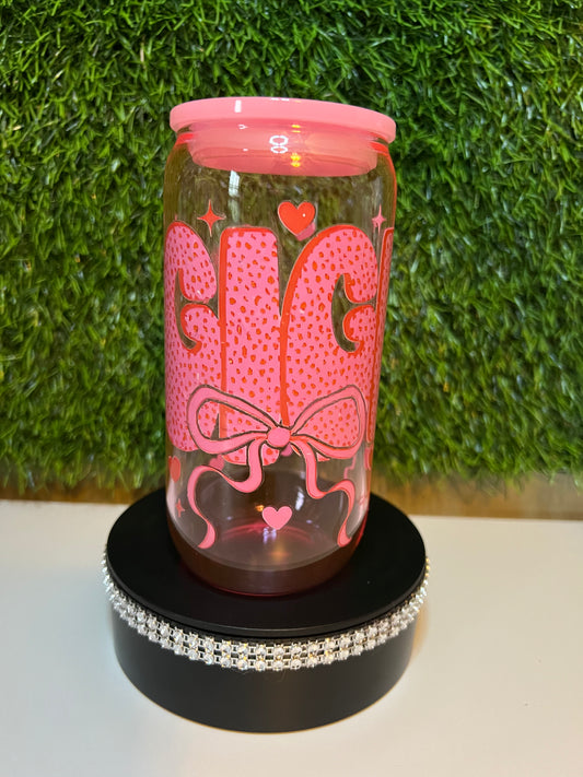 Clear pink 16oz cup- Gigi Bows
