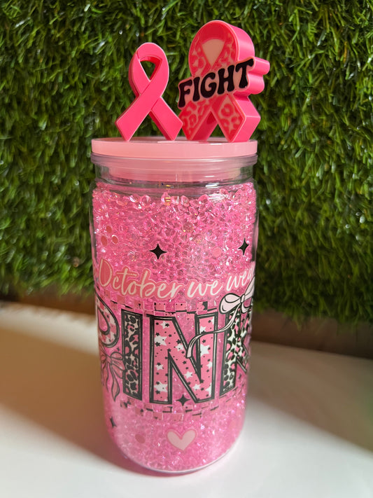 Diamond 16oz snow globe tumbler- October we wear pink
