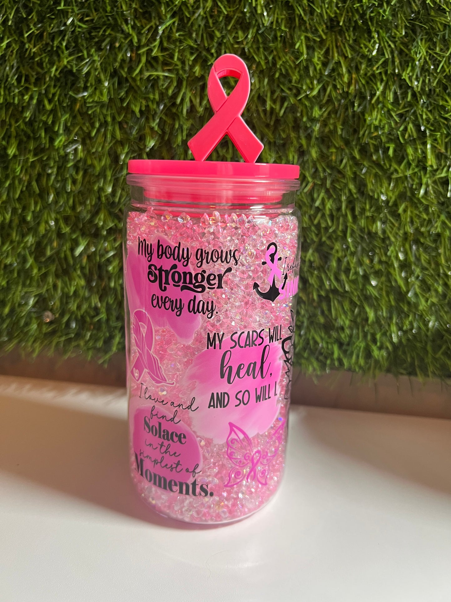 Diamond 16oz snow globe tumbler- Think Pink