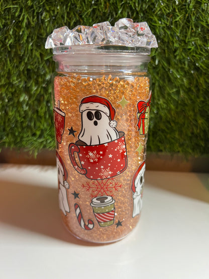 Diamond 16oz snow globe tumbler- Christmas coffee ghostie