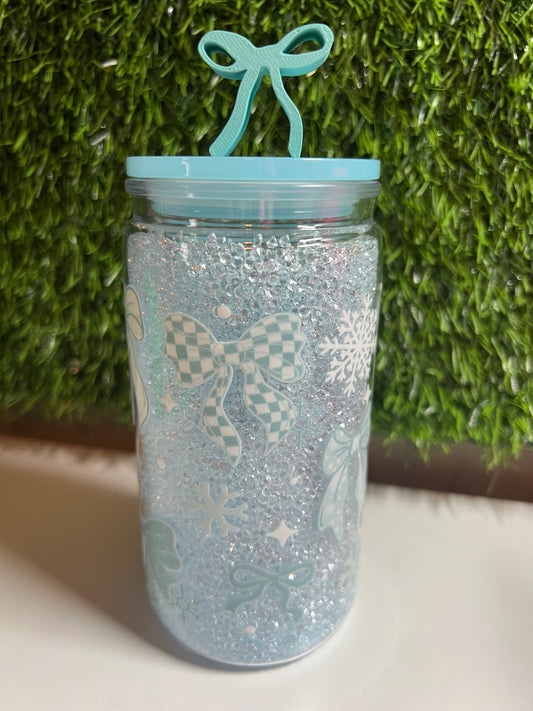 Diamond 16oz snow globe tumbler- Ice blue bows