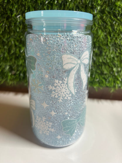 Diamond 16oz snow globe tumbler- Ice blue bows