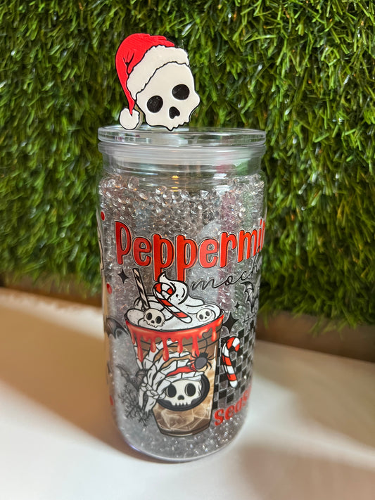 Diamond 16oz snow globe tumbler- Peppermint season skulls