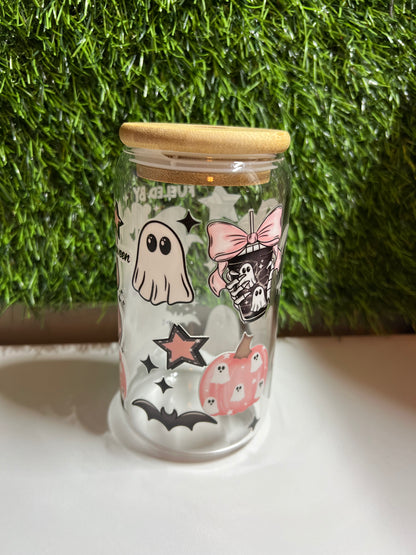 Solid clear 16oz cup- Fueled by Coffee, Halloween & girly things