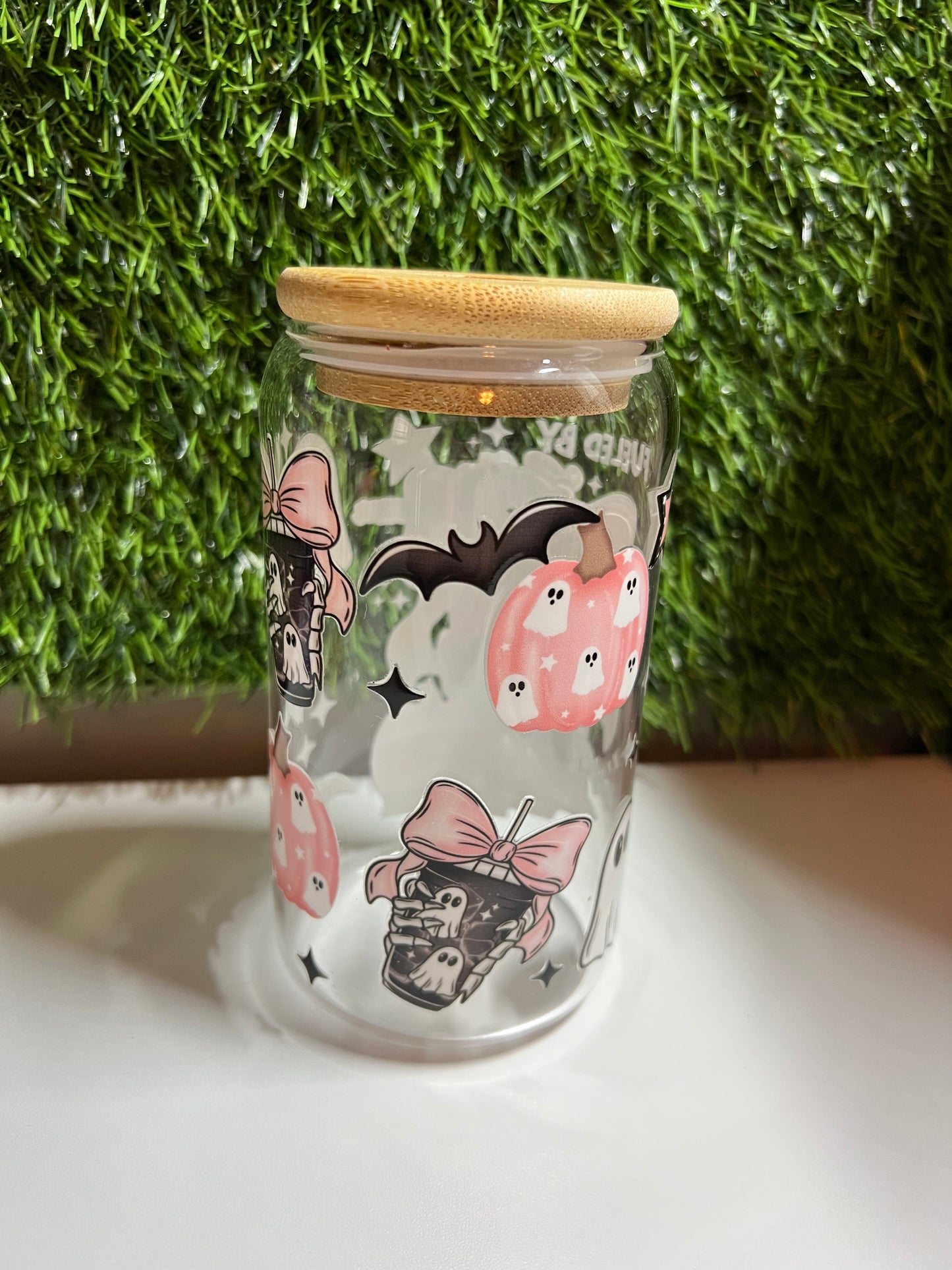 Solid clear 16oz cup- Fueled by Coffee, Halloween & girly things