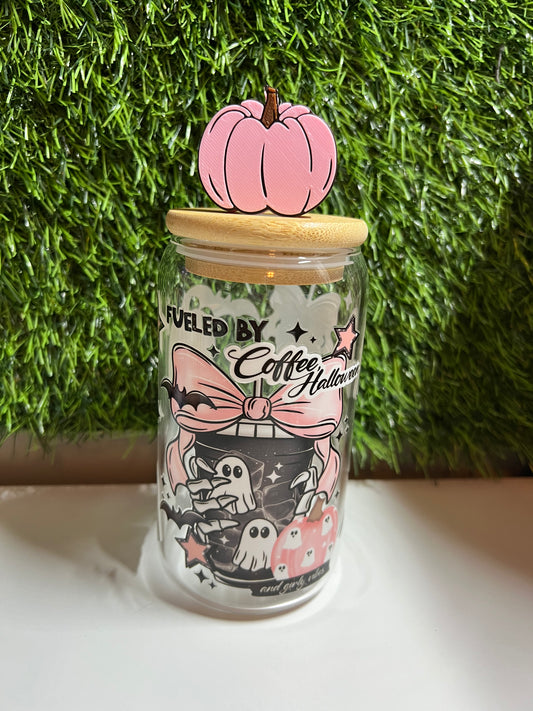 Solid clear 16oz cup- Fueled by Coffee, Halloween & girly things