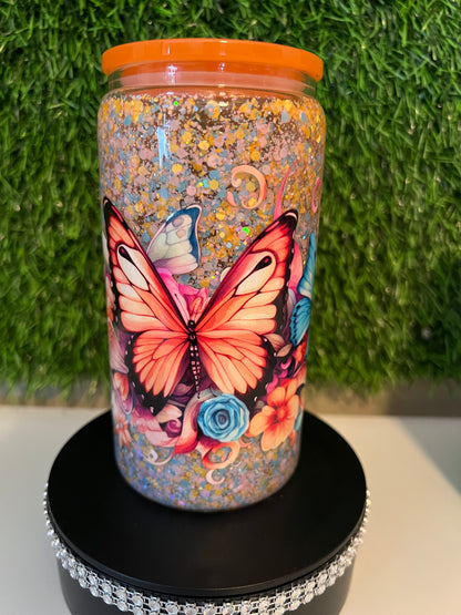 Glitter 16oz snow globe tumbler Butterfly