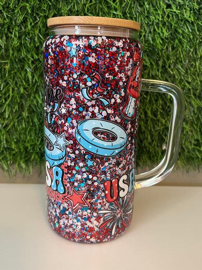 Glitter 15oz snow globe tumbler with handle USA