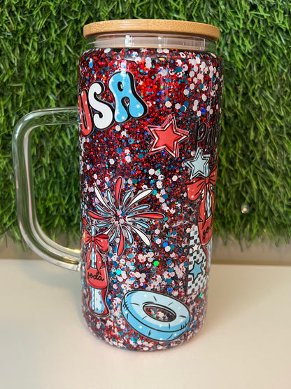 Glitter 15oz snow globe tumbler with handle USA