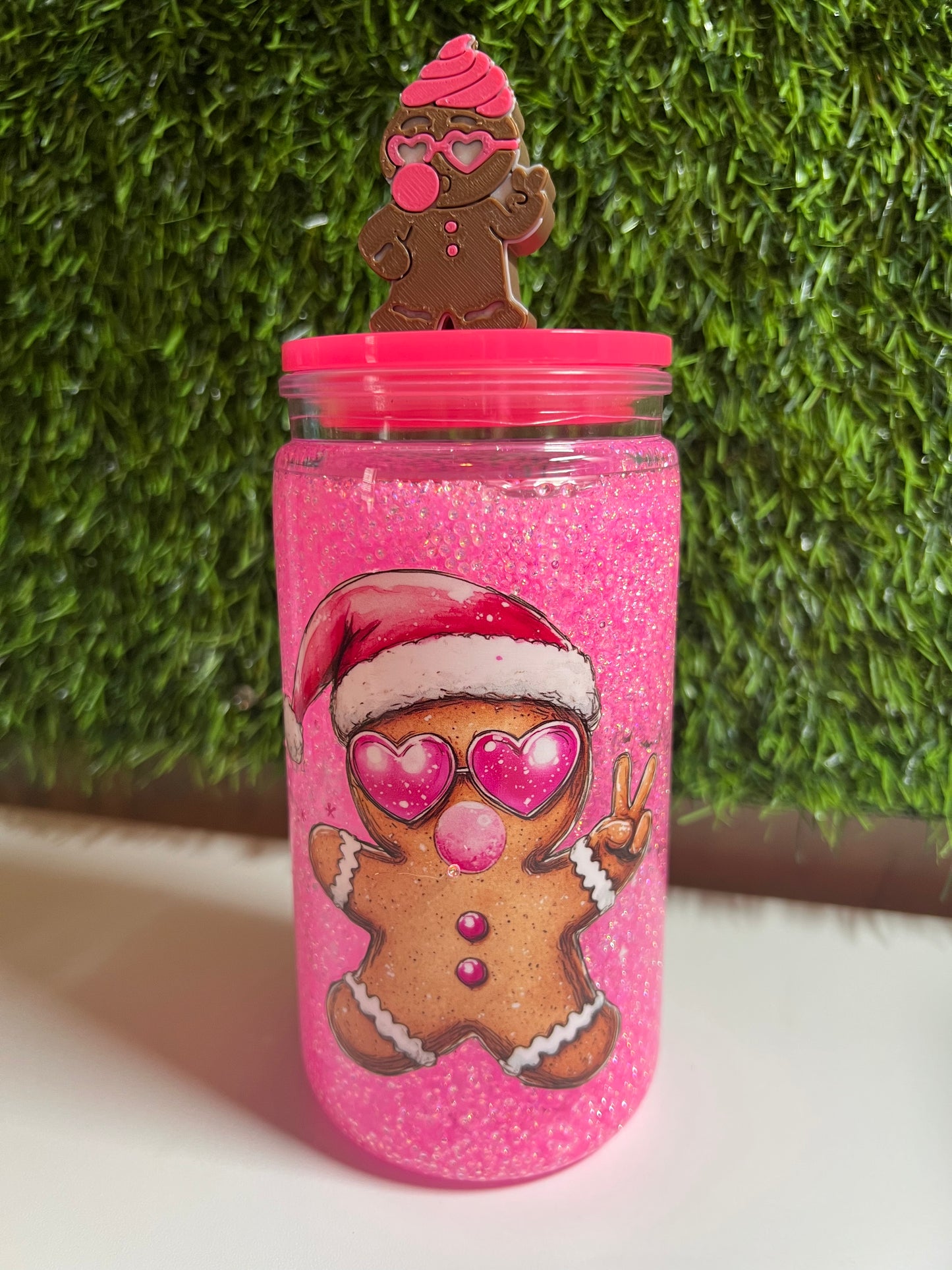 Glitter 16oz snow globe tumbler- Bubblegum gingerbread