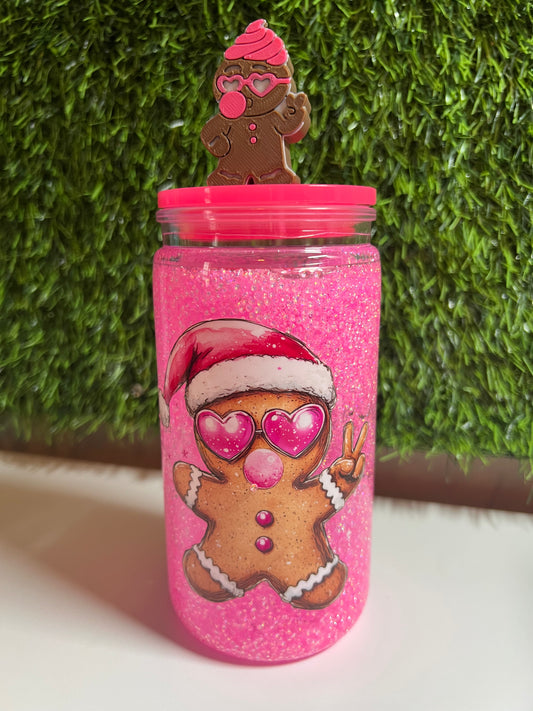 Glitter 16oz snow globe tumbler- Bubblegum gingerbread