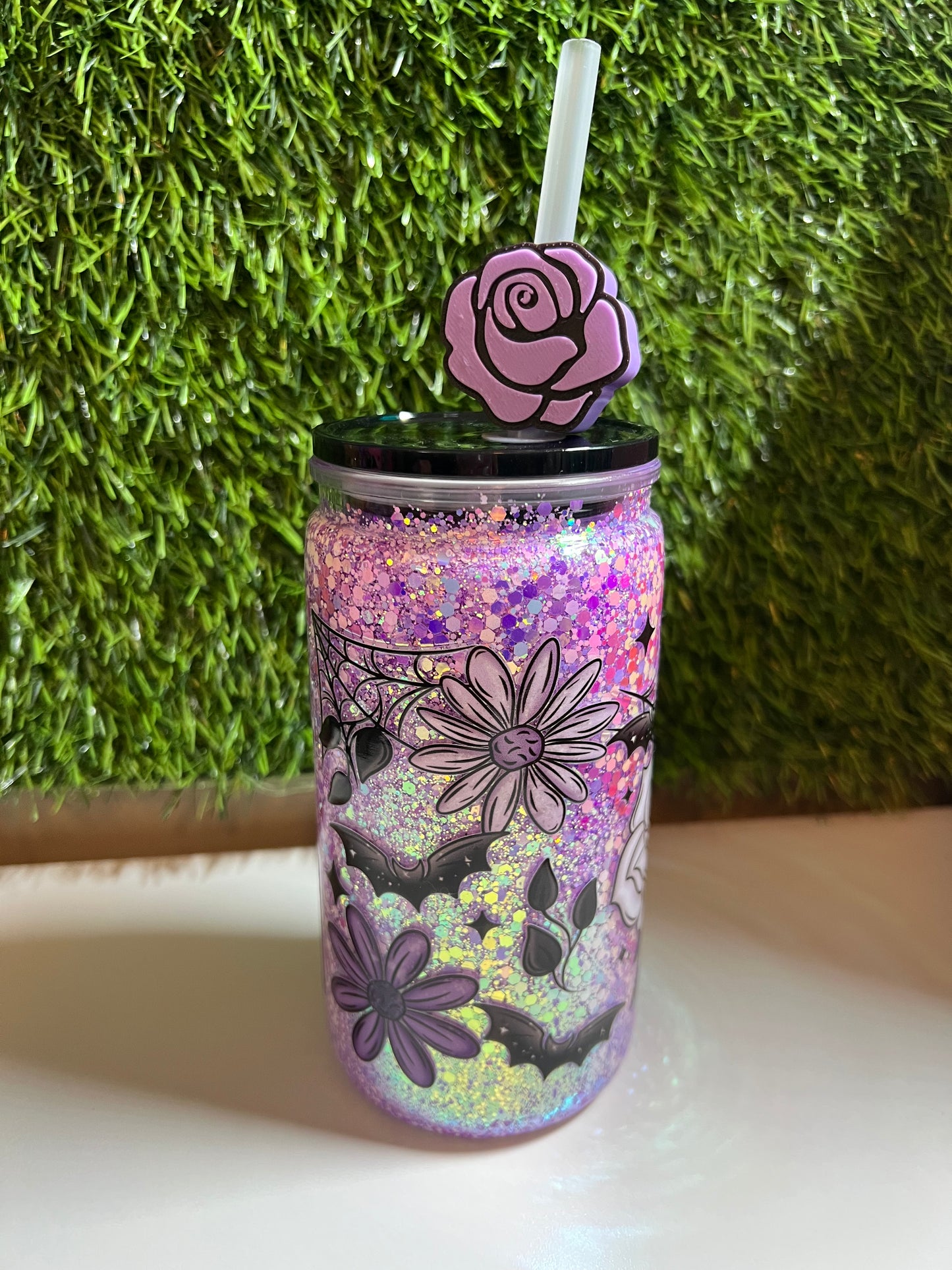 Glitter 16oz snow globe tumbler- Flowers & bats