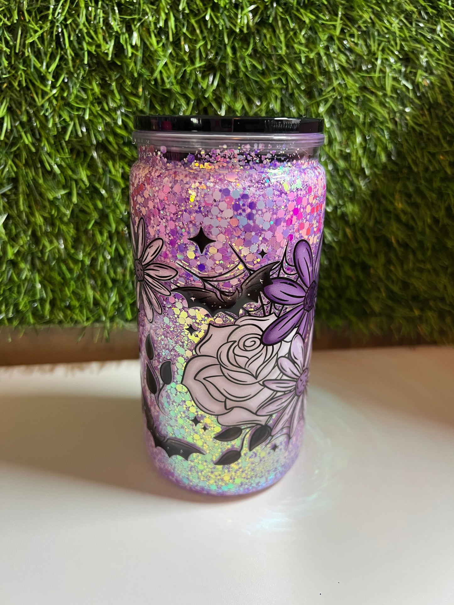 Glitter 16oz snow globe tumbler- Flowers & bats