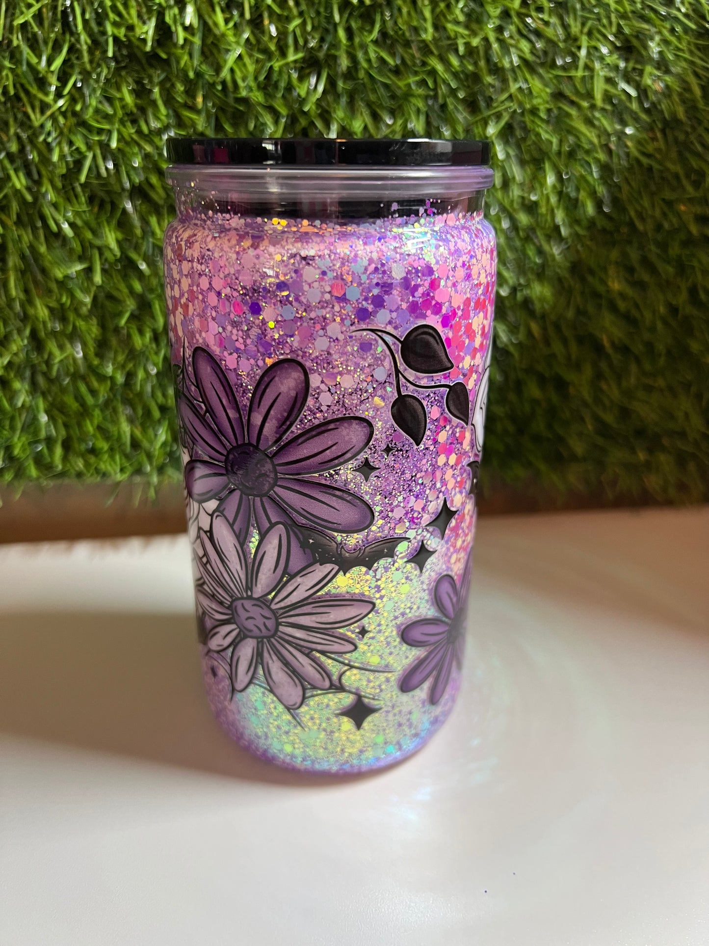 Glitter 16oz snow globe tumbler- Flowers & bats