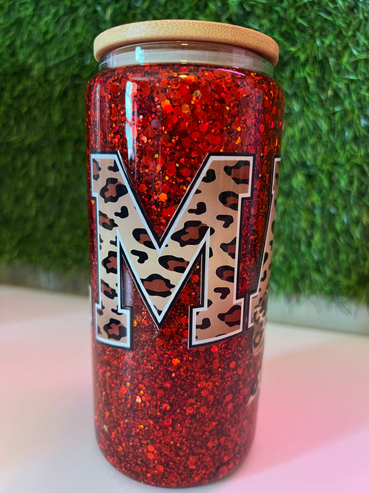 Glitter red 16oz snow globe Mama cheetah