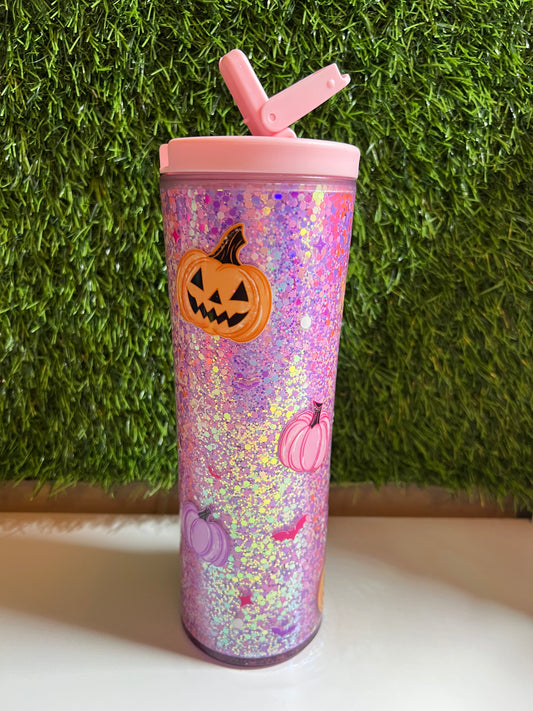 20oz Acrylic water bottle- Pink glitter pumpkins