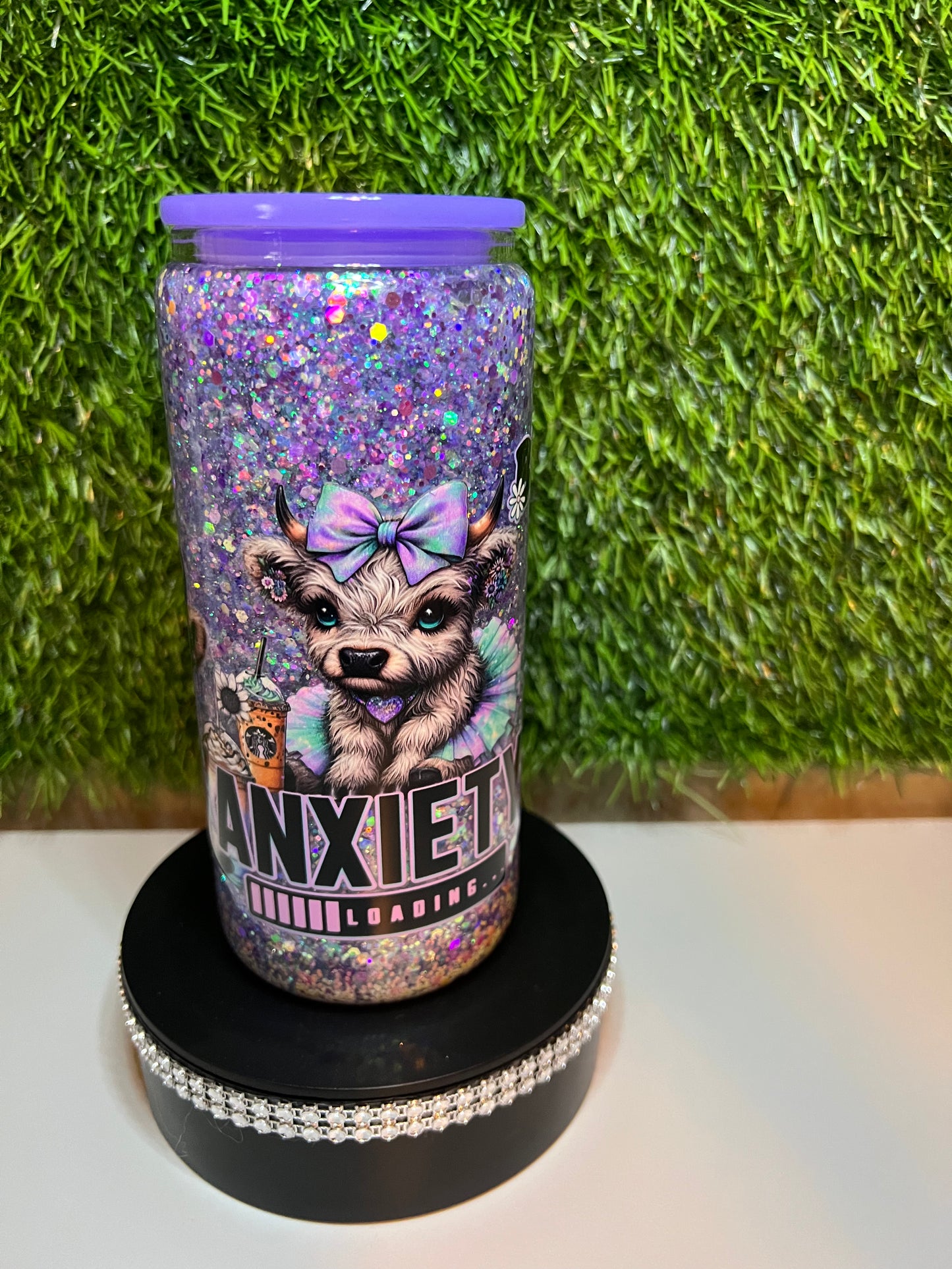 Glitter 16oz snow globe tumbler Anxiety loading