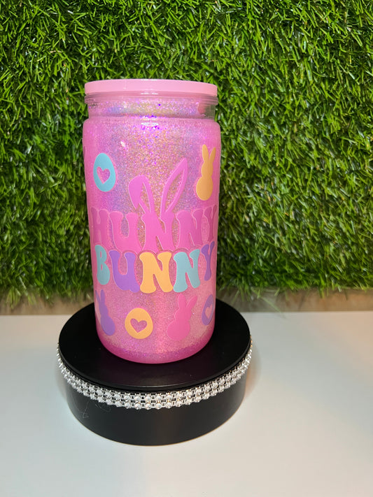 Glitter 16oz Acrylic snow globe tumbler Hunny Bunny