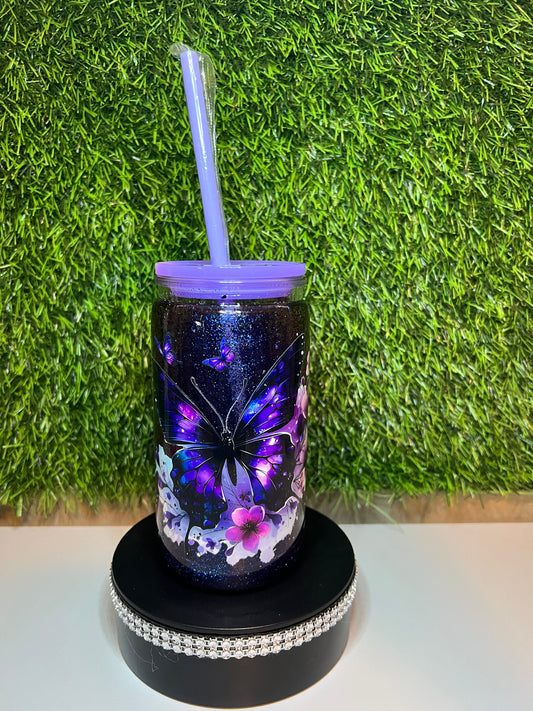 Glitter 16oz Acrylic snow globe tumbler Purple Butterfly