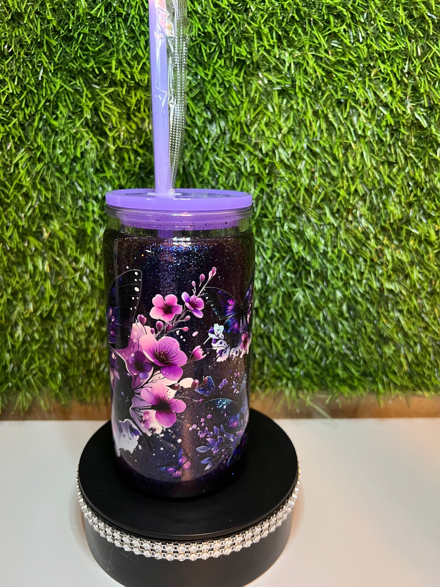 Glitter 16oz Acrylic snow globe tumbler Purple Butterfly