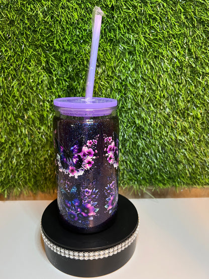 Glitter 16oz Acrylic snow globe tumbler Purple Butterfly