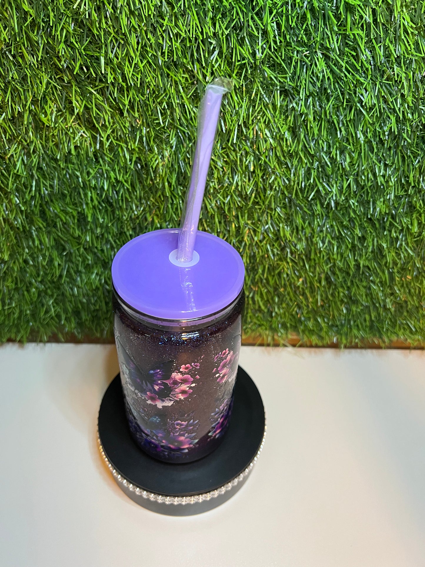 Glitter 16oz Acrylic snow globe tumbler Purple Butterfly