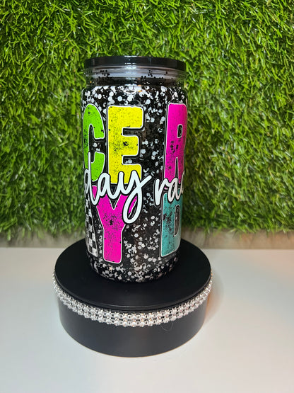 Glitter 16oz Acrylic snow globe tumbler Race Day