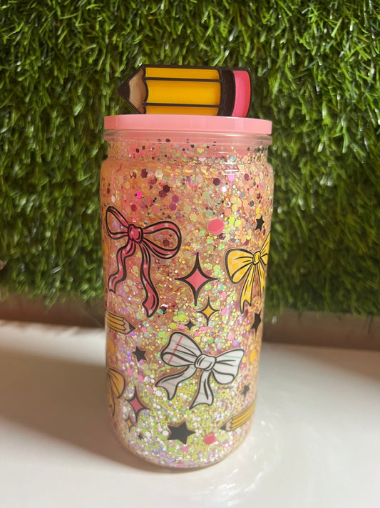 Glitter 16oz snow globe tumbler- Pencils & bows