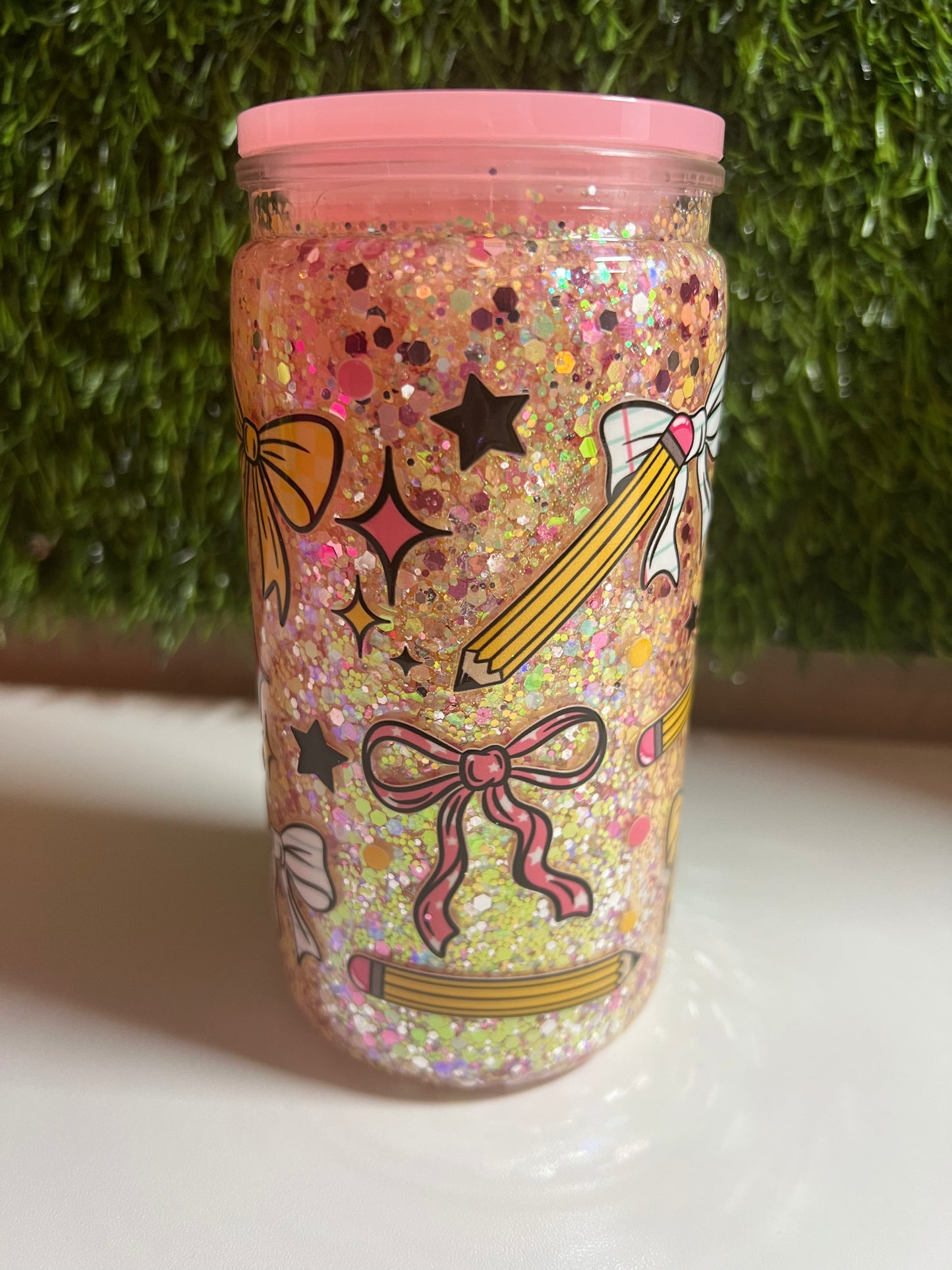 Glitter 16oz snow globe tumbler- Pencils & bows