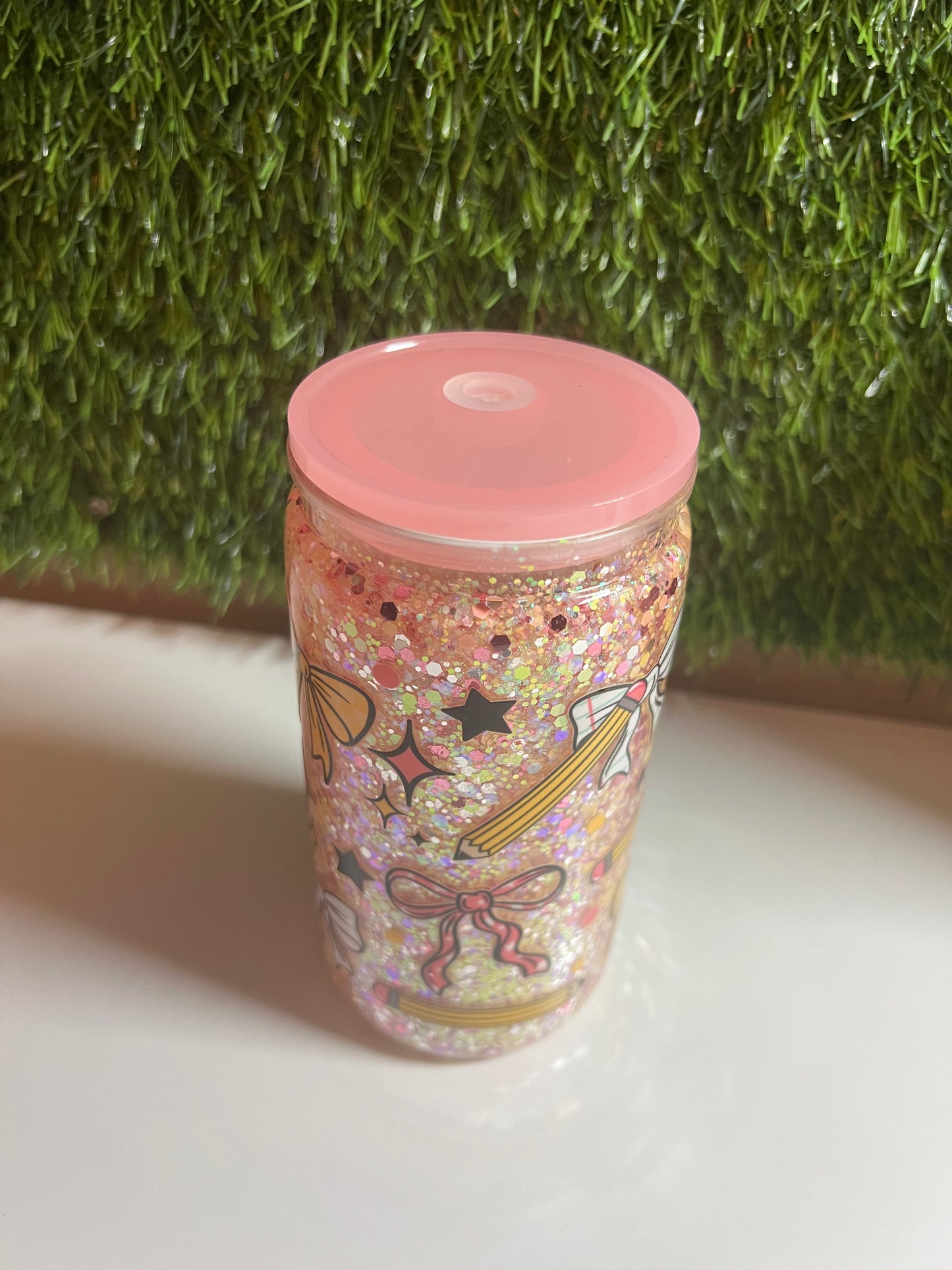 Glitter 16oz snow globe tumbler- Pencils & bows